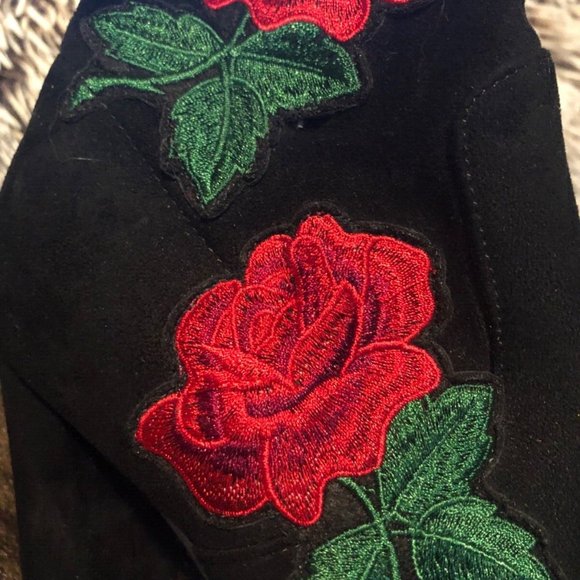 Steve Madden Edition Rose Embroidered Black Faux Suede Booties - Picture 4 of 7